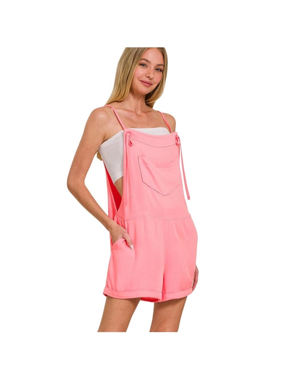 Zenana Outfitters Pink Tie-Shoulder Short Romper Overalls